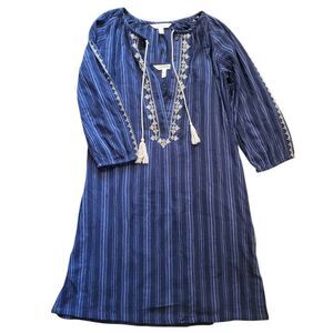 NWOT Garnet Hill Dress Women's XS Blue Embroidered Gauze Popover Stripe Mini